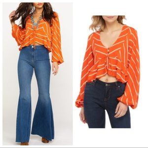 Free People Orange and White Cropped Blouse